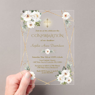 Elegant White Flowers Gold Cross Confirmation Acryl Uitnodigingen