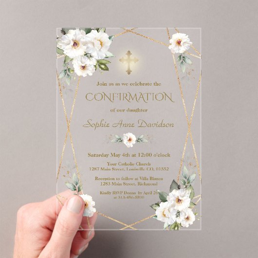 Elegant White Flowers Gold Cross Confirmation Acryl Uitnodigingen (Insitu (Draagbaar))