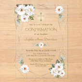 Elegant White Flowers Gold Cross Confirmation Acryl Uitnodigingen (Voorkant)