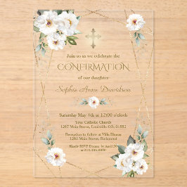 Elegant White Flowers Gold Cross Confirmation Acryl Uitnodigingen