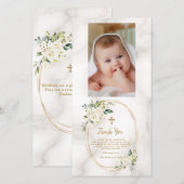 Elegant White Flowers Gold Cross Foto Christening Bedankkaart (Voorkant / Achterkant)