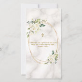 Elegant White Flowers Gold Cross Foto Christening Bedankkaart (Achterkant)