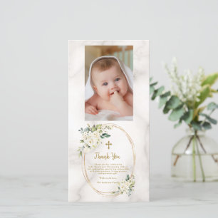 Elegant White Flowers Gold Cross Foto Christening Bedankkaart