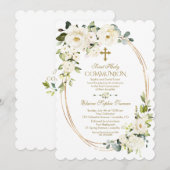 Elegant White Flowers Gold First Heilige Communie Kaart (Voorkant / Achterkant)