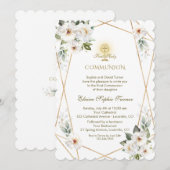 Elegant White Flowers Gold First Heilige Communie Kaart (Voorkant / Achterkant)