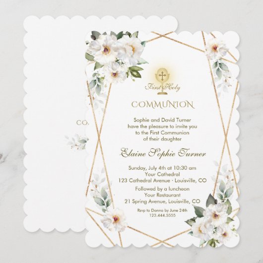 Elegant White Flowers Gold First Heilige Communie Kaart (Voorkant / Achterkant)