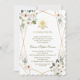 Elegant White Flowers Gold First Heilige Communie Kaart
