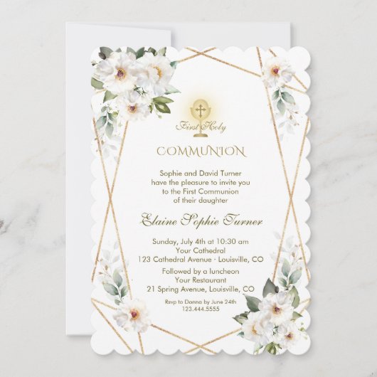 Elegant White Flowers Gold First Heilige Communie Kaart (Voorkant)