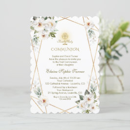 Elegant White Flowers Gold First Heilige Communie Kaart