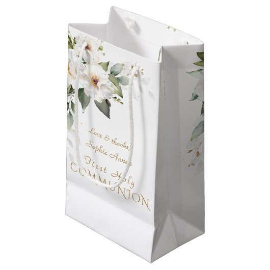 Elegant White Flowers Gold First Heilige Communie Klein Cadeauzakje (Voorkant Gekanteld)