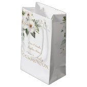 Elegant White Flowers Gold First Heilige Communie Klein Cadeauzakje (Achterkant Gekanteld)