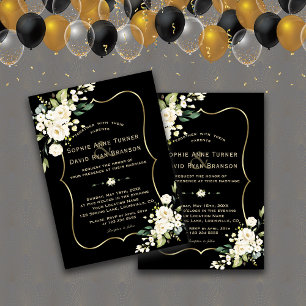 Elegant White Flowers Gold Lijst Black Wedding Kaart