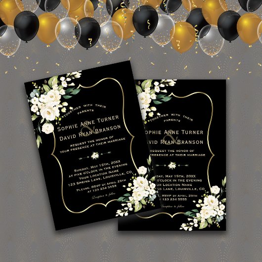 Elegant White Flowers Gold Lijst Black Wedding Kaart