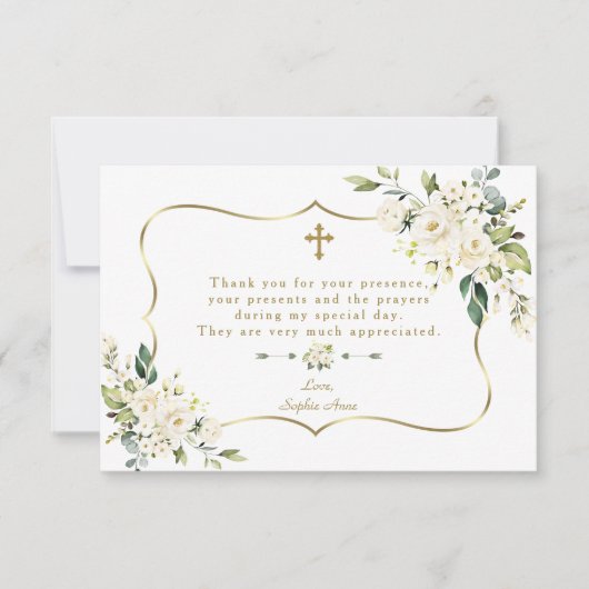 Elegant White Flowers Gold Lijst Girl Baptisme Bedankkaart (Voorkant)