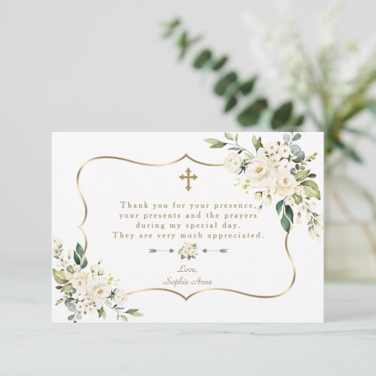 Elegant White Flowers Gold Lijst Girl Baptisme Bedankkaart (Staand voorkant)