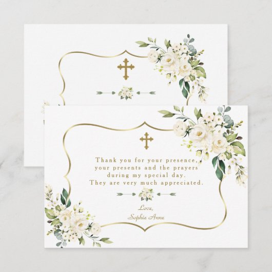 Elegant White Flowers Gold Lijst Girl Baptisme Bedankkaart (Voorkant / Achterkant)