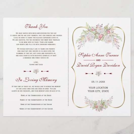 Elegant White Flowers Gold Lijst Wedding Program (Voorkant)