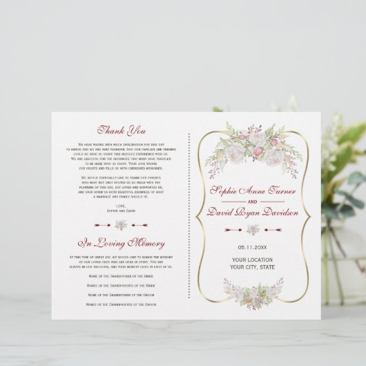 Elegant White Flowers Gold Lijst Wedding Program (Staand voorkant)