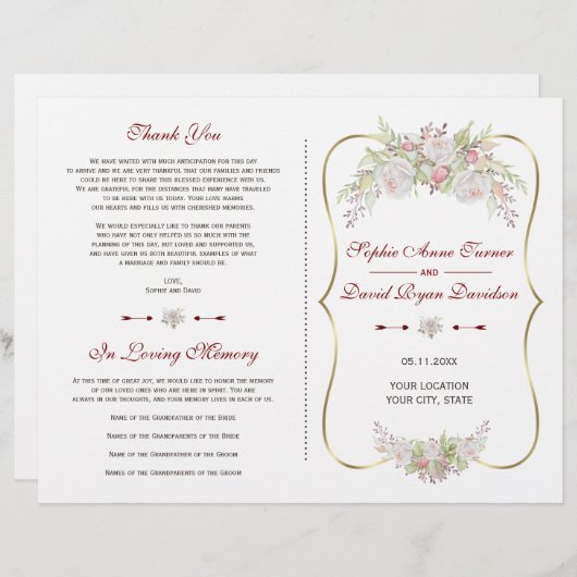 Elegant White Flowers Gold Lijst Wedding Program (Voorkant / Achterkant)