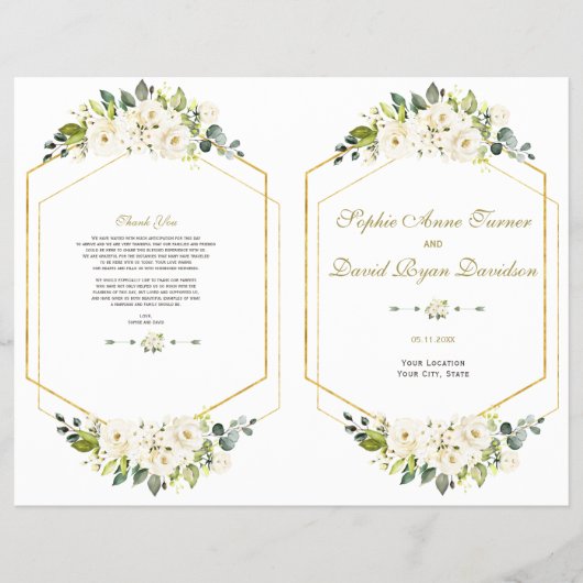 Elegant White Flowers Gold Lijst Wedding Program Flyer (Voorkant)