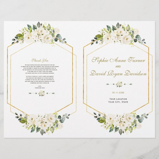 Elegant White Flowers Gold Lijst Wedding Program Flyer (Voorkant)