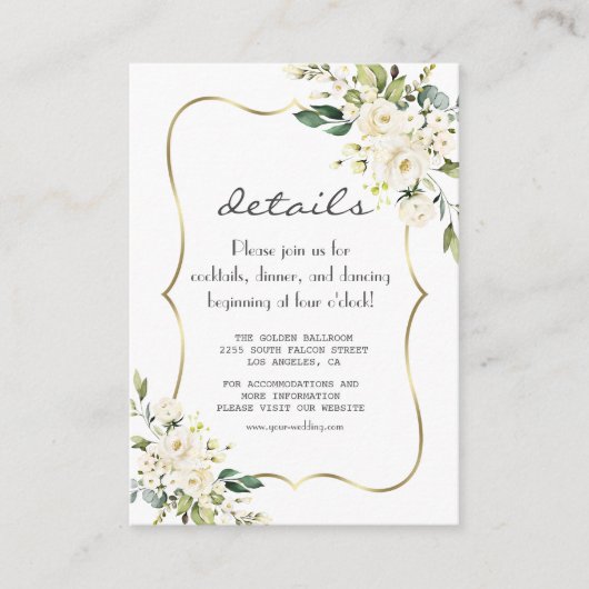Elegant White Flowers Gold Navy Wedding Details Informatiekaartje (Voorkant)