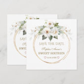 Elegant White Flowers Gold Sweet Sixteen Save The Date (Voorkant / Achterkant)
