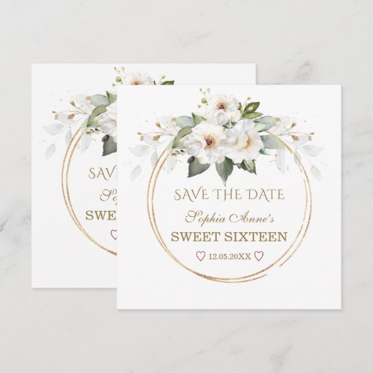 Elegant White Flowers Gold Sweet Sixteen Save The Date (Voorkant / Achterkant)