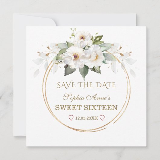 Elegant White Flowers Gold Sweet Sixteen Save The Date (Achterkant)