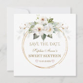 Elegant White Flowers Gold Sweet Sixteen Save The Date (Voorkant)