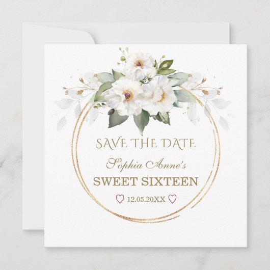 Elegant White Flowers Gold Sweet Sixteen Save The Date (Voorkant)