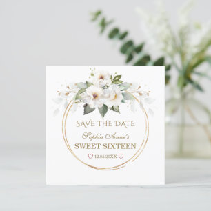 Elegant White Flowers Gold Sweet Sixteen Save The Date
