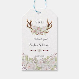 Elegant White Flowers Monogram Weddenschap Antlers Cadeaulabel