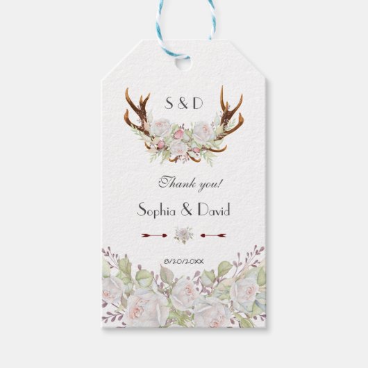 Elegant White Flowers Monogram Weddenschap Antlers Cadeaulabel (Voorkant)
