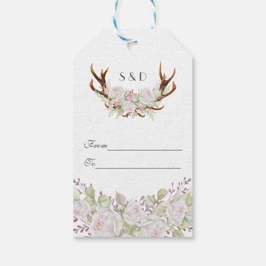 Elegant White Flowers Monogram Weddenschap Antlers Cadeaulabel (Achterkant)