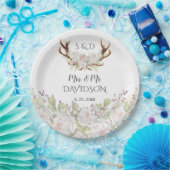 Elegant White Flowers Monogram Weddenschap Antlers Papieren Bordje (Feest)