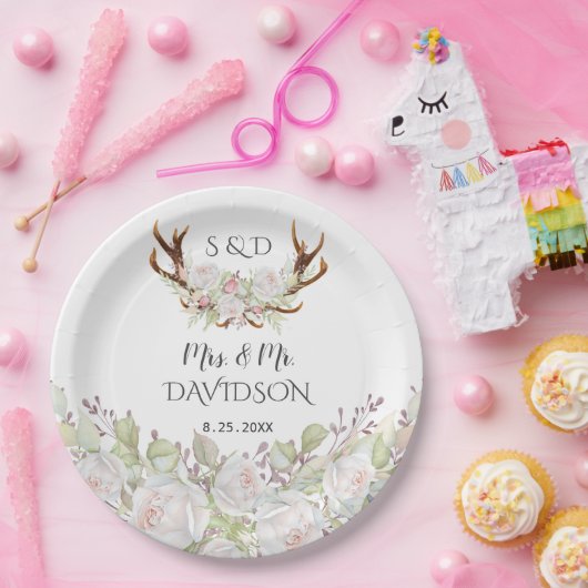 Elegant White Flowers Monogram Weddenschap Antlers Papieren Bordje (Feest)