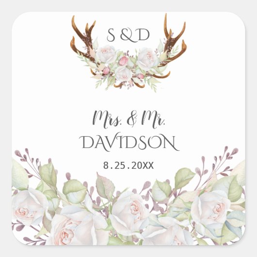 Elegant White Flowers Monogram Weddenschap Antlers Vierkante Sticker (Voorkant)