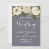 Elegant White Flowers Paars Gray Wedding Kaart (Voorkant)