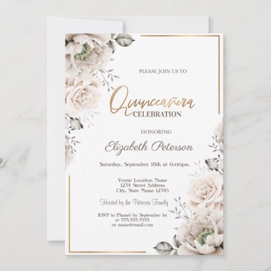 Elegant White Flowers Quinceañera Kaart (Voorkant)