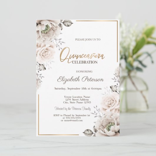 Elegant White Flowers Quinceañera Kaart (Staand voorkant)