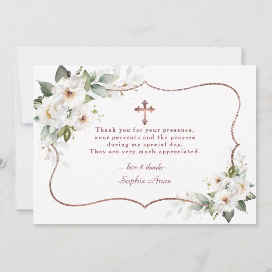 Elegant White Flowers Roos Gold Lijst Baptisme Bedankkaart (Achterkant)