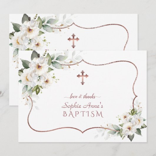 Elegant White Flowers Roos Gold Lijst Baptisme Bedankkaart (Voorkant / Achterkant)
