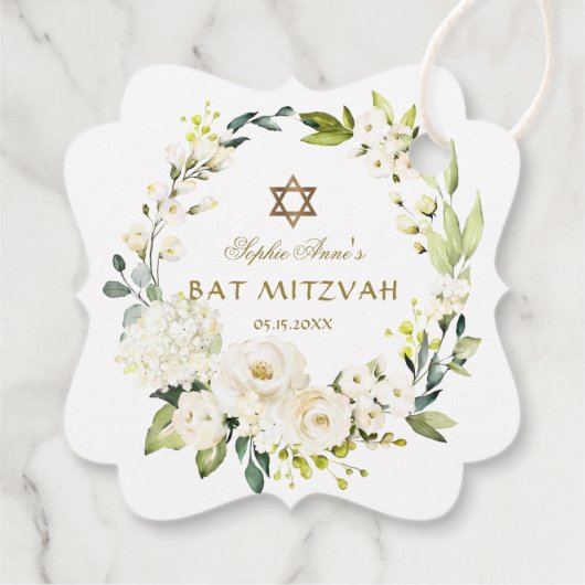 Elegant White Flowers Star van David Bat Mitzvah Bedankjes Labels (Achterkant)