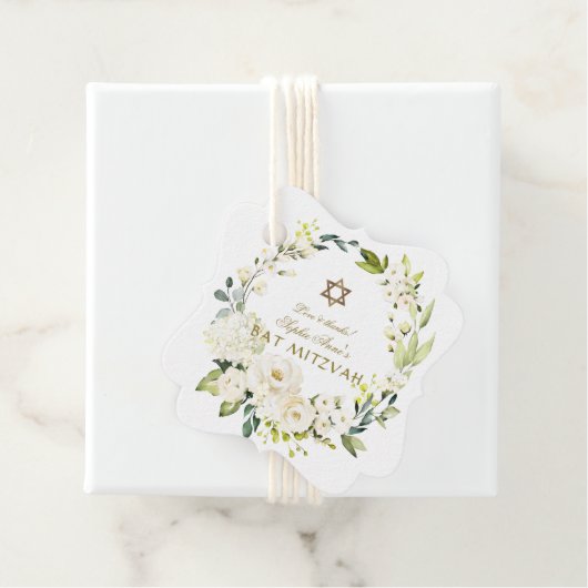 Elegant White Flowers Star van David Bat Mitzvah Bedankjes Labels (In situ)