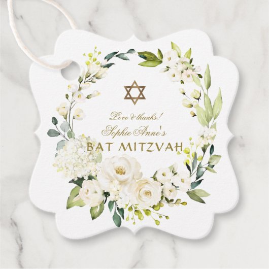 Elegant White Flowers Star van David Bat Mitzvah Bedankjes Labels (Voorkant)