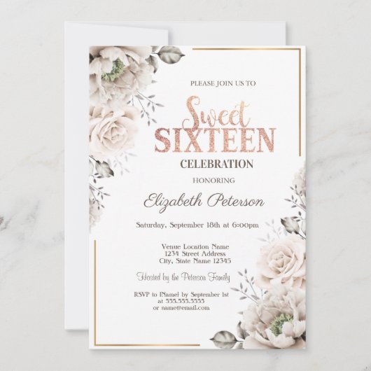 Elegant White Flowers Sweet 16 Kaart (Voorkant)