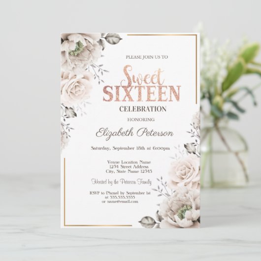 Elegant White Flowers Sweet 16 Kaart (Staand voorkant)