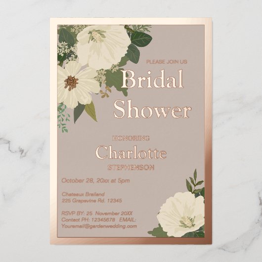 Elegant White Flowers Vrijgezellenfeest Neutraal e Folie Uitnodiging (Voorkant)