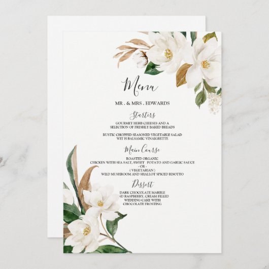 Elegant White Flowers Wedding or Dinner Party Menu (Voorkant / Achterkant)